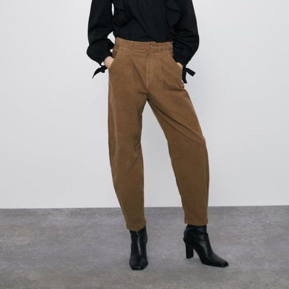 Brown Zara Baggy Tapered Corduroy Pants Corduroy Ankle-length Workwear Bottoms, Baggy Bottoms For Workwear In Winter, Baggy Winter Bottoms For Workwear, Corduroy Tapered Leg Pants For Work, Tapered Leg Corduroy Pants For Work, Baggy Corduroy Pants For Fall, Chic Corduroy Bottoms With Pockets, Baggy High-waisted Pants For Fall, Baggy Winter Work Pants