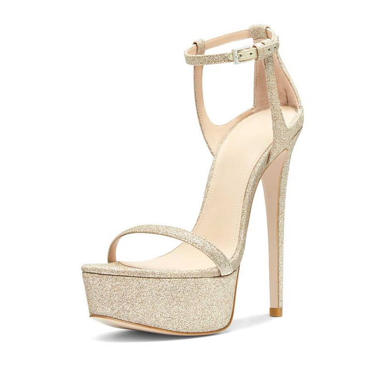 Elevate your style with these champagne glitter buckled ankle strap platform heeled sandals. Sparkling sophistication meets comfort in a dazzling design, perfect for adding glamour to any outfit. Color: Palegoldenrod Material: Glitter Heel Type: Stiletto heel Heel Height: 5.75" / 146 mm approx Platform Height: 1.75'' / 44 mm approx Product measurements were taken using size 8. Please note that measurements may vary by size. Toe: Open round toe Adjustable buckled ankle strap design Handcrafted US sizing. Fits true to size. Glitter Heels, Platform Sandals Heels, Strap Design, Heel Type, Heeled Sandals, Stiletto Heel, Stiletto Heels, Ankle Strap, Sandals Heels