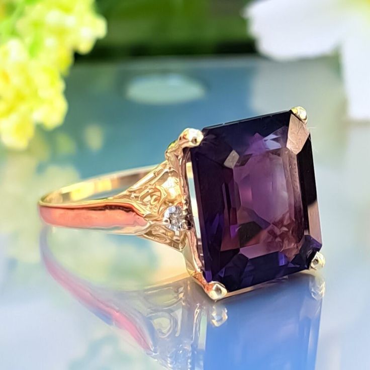 5.50 Carat Natural Amethyst & Diamonds 14k Solid Gold Ring Ring Material: 14k Solid Gold  Total Metal Weight: 3.8 Grams  Gemstone: Natural Amethyst Gemstone Color: Purple Gemstone Shape: Emerald Gemstone Dimensions: 12.00x10.00 mm Gemstone Carat Weight: 5.40 Carat Gemstone Quantity: 1 Natural Round Shaped Diamonds Diamonds Quantity: 2 Diamonds Total Carat Weight: 0.10 Carat Total Carat Weight: 5.50 Carat Ring Quantity: One  ring Condition: New Made in the USA Delivered in an elegant gift box 💜 Please do not hesitate to ask any questions and we will be happy to assist You  💜 Morganite Gold Ring, February Birthstone Ring, Gold Amethyst Ring, Morganite Diamond, Round Diamond Ring, Solid Gold Necklace, Amethyst Jewelry, Solid Gold Rings, February Birthstone