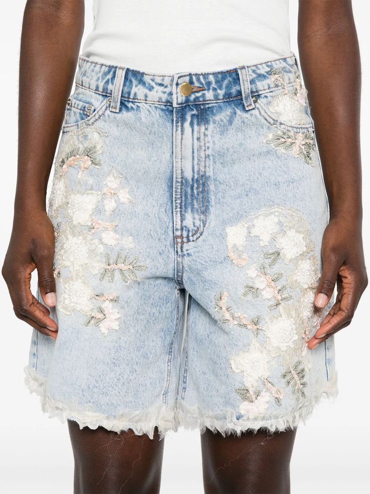 Loulou high-rise Denim Shorts - Farfetch High Rise Floral Embroidered Jeans, Spring Mid-rise Shorts With Belt Loops, High Rise Jeans With Floral Embroidery, Spring Mid-rise Jean Shorts With Belt Loops, Spring Short Jeans With Frayed Hem, Short Jeans With Frayed Hem For Spring, Spring Cutoff Shorts With Five Pockets, Spring Jeans With Frayed Hem And Short Length, High-rise Shorts With Belt Loops For Spring