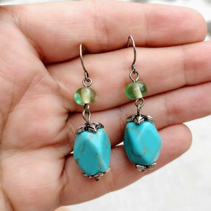 Women's Beaded Stone Dangle Earrings New Without Tags Blue Metal Beaded Earrings With Colorful Beads, Metal Beaded Drop Earrings For Beach, Beaded Metal Drop Earrings For Beach, Czech Glass Beaded Earrings For Pierced Ears, Blue Earrings With Colorful Metal Beads, Turquoise Beaded Earrings With Metal Ear Wire, Metal Beaded Earrings For Summer, Handmade Turquoise Beaded Metal Earrings, Handmade Turquoise Beaded Earrings