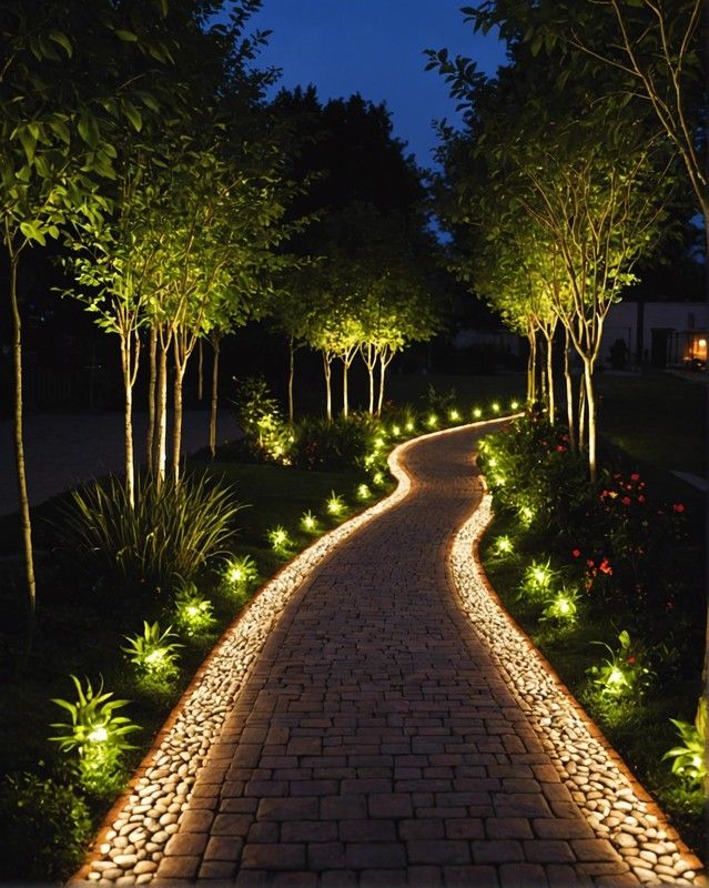 a pathway lit up with lights in the middle of trees and bushes on either side