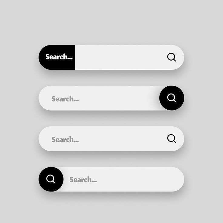 three white and black buttons with the words search on them