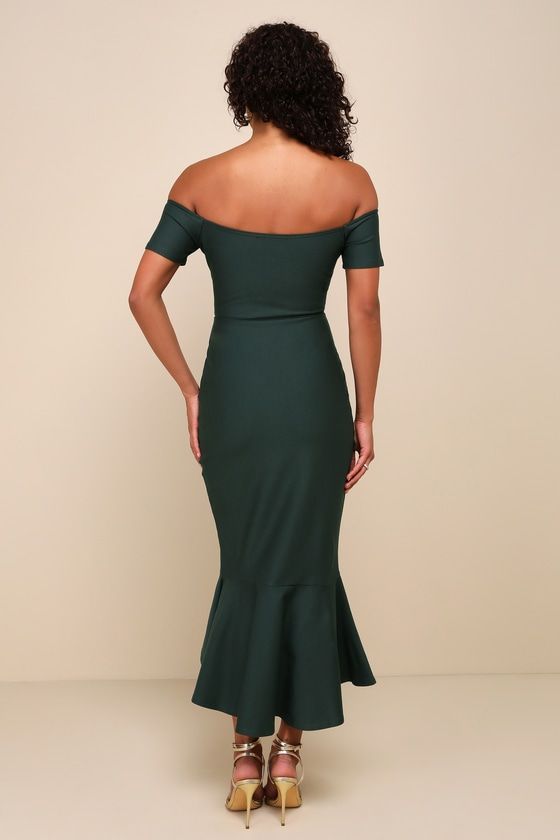 Slip into the Lulus How Much I Care Dark Green Off-the-Shoulder Midi Dress and dance the night away! Medium-weight stretchy ponte knit shapes this stunning dress that features a sweetheart neckline (with no-slip strips) and darted bodice, framed by short off-the-shoulder sleeves. Fitted waist tops a figure-flattering midi skirt with a trumpet silhouette and ruffled high-low hem. Fit: This garment fits true to size. Length: Knee to mid-calf length. Size medium measures 50" from top to bottom. Bus Mermaid Dark, Midi Dress Cocktail, Dark Green Midi Dress, Trumpet Silhouette, Trumpet Dress, Midi Cocktail Dress, Dress Cocktail, Guest Dress, Selling Clothes