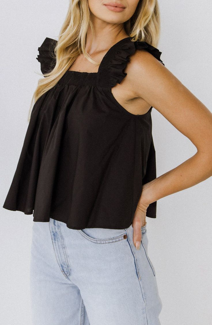 Soft ruffles flutter at the shoulders of this crisp poplin top styled with a sweetly smocked square neck. Square neck Extended shoulders 100% cotton Hand wash, dry flat Imported Women's Clothing