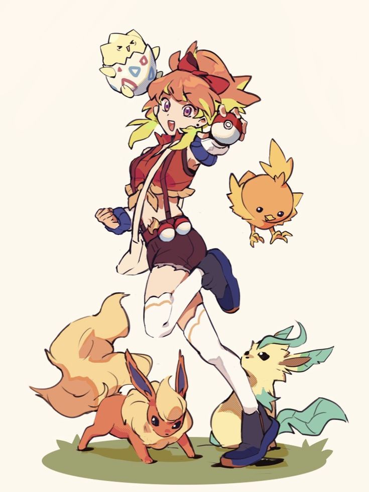 an anime character with many different pokemons around her