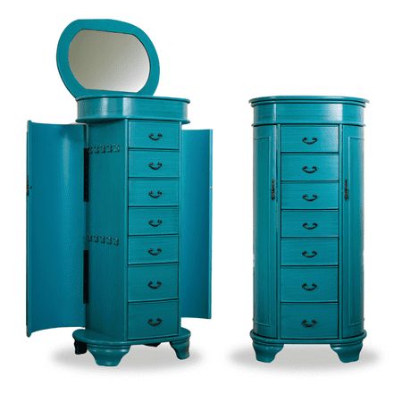 two blue dressers with mirrors on them and one in the shape of a cabinet