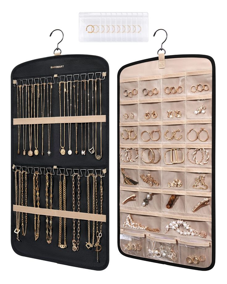 PRICES MAY VARY. Polyester Roomy Capacity- Dual sided hanging jewelry organizer can storage and display a bulk of jewelry. Complete with 29 transparent pockets and 10 PVC anti-tarnish plastic bags , this jewelry storage can hold your rings, earrings, bracelets, watches, hairpins or other accessory. No more scatter them around. And the other side can accommodate 24 necklaces Thoughtfully Designed Hooks- Necklace organizer comes with 2 rows of sturdy metal hooks offer much easier and faster to acc Earring Storage Bags, Jewelry Organizer Spins, Jewelry Wall Safe, Small Closet Jewelry, What Is The Rope For In A Jewelry Armoie, Jewelry Storage Bags, Necklace Organizer Walmart, Necklace Organizer Cabinet, Jewelry Making Storage Organizers