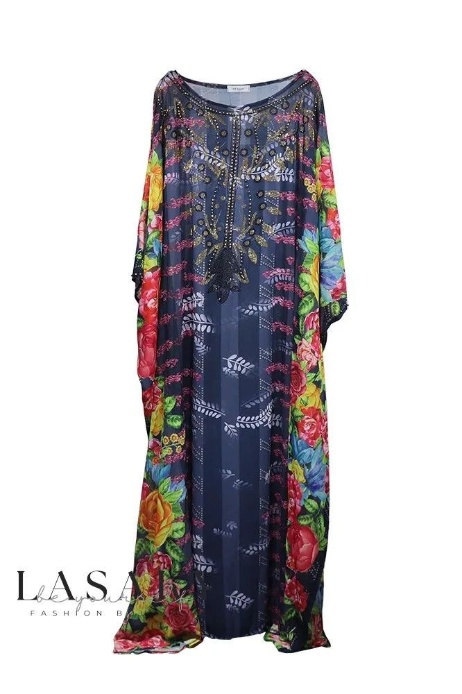 Lasaky - Elegant African-Inspired Maxi Dress Crafted with Exquisite Chiffon, Intricate Beadwork, and Festive Pompom Accents. Summer Embroidered Georgette Kaftan, Embroidered Georgette Kaftan For Summer, Summer Embellished Georgette Kaftan, Bohemian Georgette Kaftan With Floral Print, Bohemian Embellished Georgette Dresses, Spring Bohemian Georgette Kaftan, Bohemian Georgette Kaftan For Spring, Summer Georgette Tunic Kaftan, Bohemian Floral Print Dress In Georgette