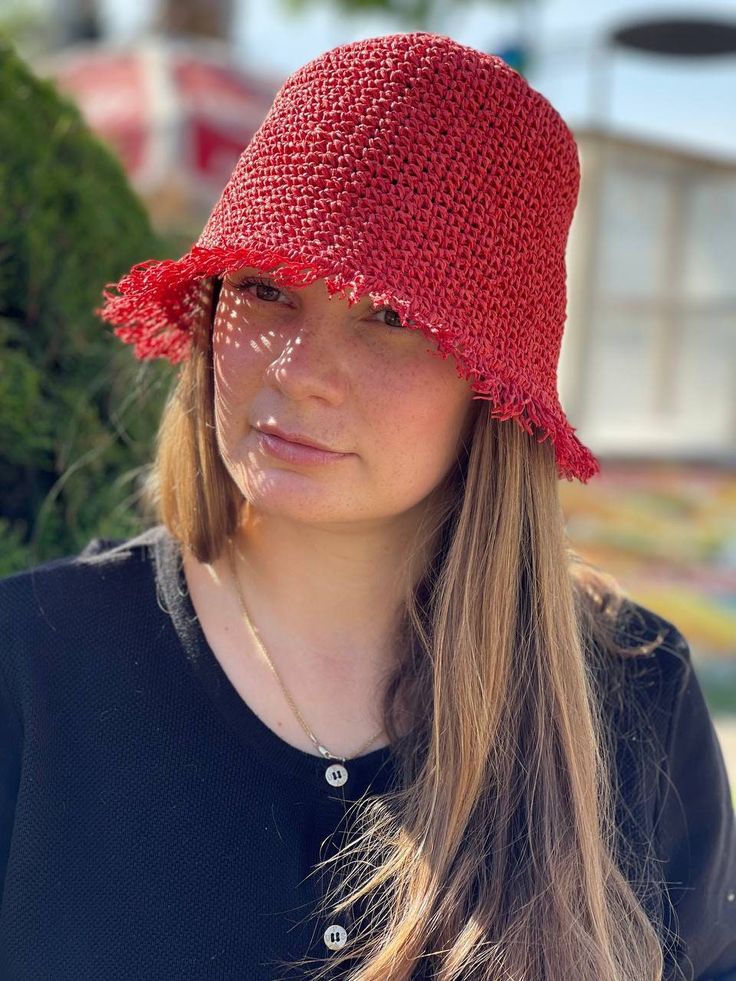 Red Raffia Bucket Handwoven Hat, Straw  Fringed Red Crochet Hat, Party Hat in Red, Stylish Unisex Red Hat Bucket Raffia Hat your best friend for summer. Raffia eco- friendly materials.  Hat weight is about 100 grams. It fits easily into a travel ag for travel.  The hat is breathable, you will feel comfortable on the beach and will provaid reliable protection from the sun. Hat size: for head circumference 55-56 cm, 21,6-22 inches. You an contact me to order the size you need. The hat cannot be wa Red Crochet Wide Brim Hat, Red Wide Brim Crochet Hat, Casual Red Sun Hat For Festival, Red Brimmed Crochet Hat For Beach, Red Straw Hat For Spring Beach, Red Brimmed Crochet Hat For Summer, Red Adjustable Brimmed Straw Hat, Wide Brim Red Bucket Hat For Summer, Red Wide Brim Crochet Hat For Spring