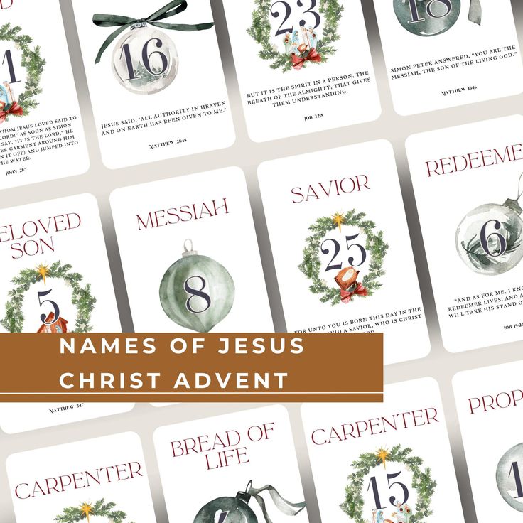 twelve christmas cards with names of jesus's birth and the date of his birth