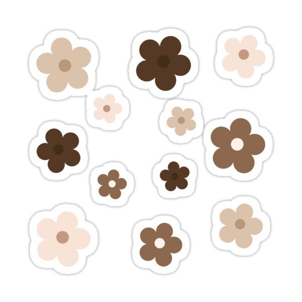 brown and white flowers stickers on a white background, set of nine different sizes