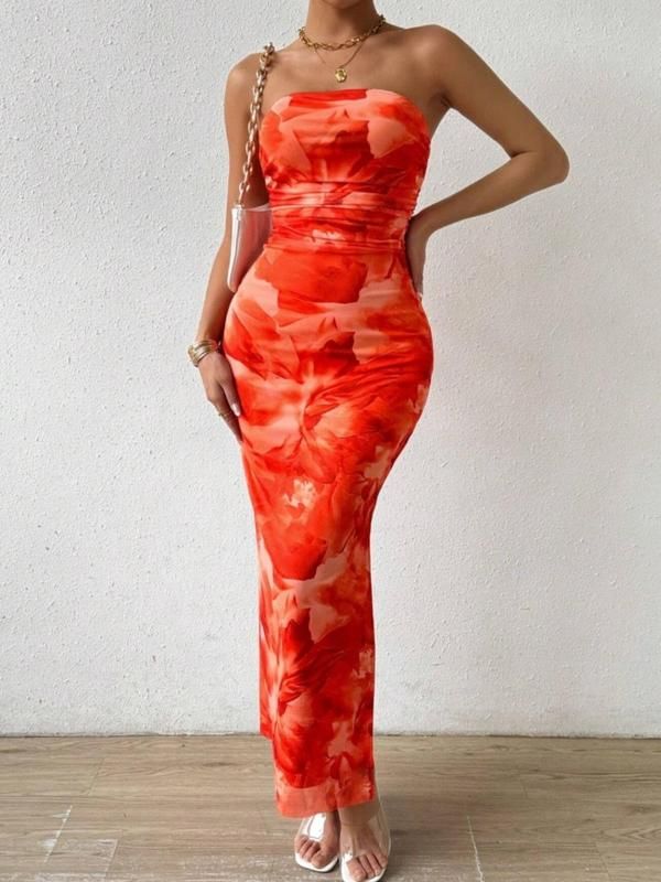 Women's All Over Print Ruched Backless Split Thigh Bodycon Tube Dress, Sundress Maxi Dress, Elegant Sleeveless Long Dress for Summer, Dress in Club, Dresses for Women, Ladies Clothes for Beach Holiday Summer Bodycon Dresses, Classy Going Out Outfits, Elegant Summer Dresses, Cute Casual Dresses, Strapless Bodycon Dress, Burnt Orange Dress, Fashion Gowns, Sleeveless Long Dress, Fashion Dresses Casual