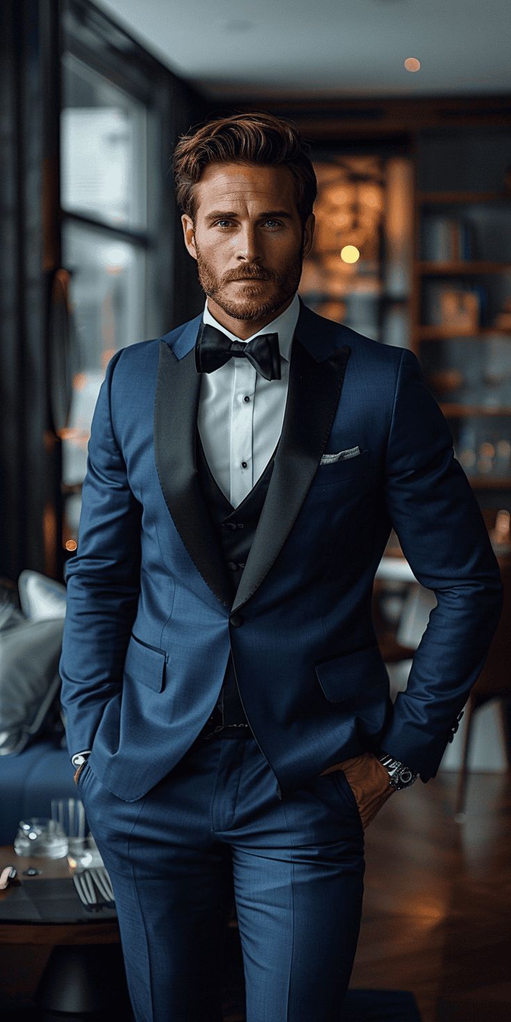 Wedding Dress To Impress For Guys: Elegant Evening Style Dark Blue Suit Wedding Groom Attire, Dark Navy Blue Tuxedo Wedding, Groom Tuxedo Colors, Navy Suit With Bow Tie, Black Suit Blue Tie, Navy Blue Tuxedo Wedding, Midnight Blue Tuxedo Wedding, Navy Tux Wedding, Midnight Blue Tuxedo