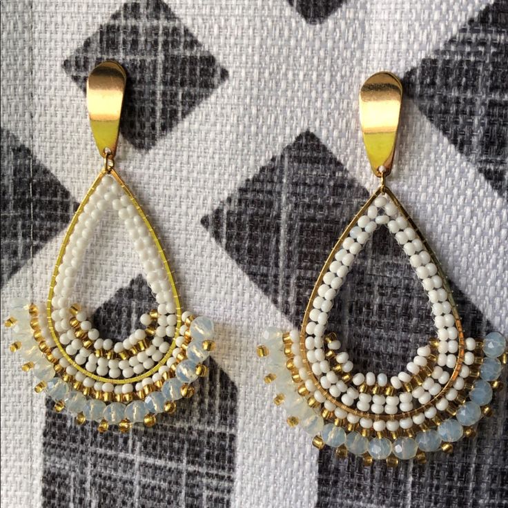 Gorgeous Handmade Tear Drop Earrings With White And Gold Beads. New, Never Worn. Update: Slight Tiny Discoloring On One Of The Flat Gold Parts, Hardly Visible. Will Ship Asap. Also Available In Black Elegant White Earrings With Faceted Beads, Elegant White Beaded Earrings With Colorful Beads, White Beaded Teardrop Earrings, White Earrings With Gold Round Beads, White Pearl Beaded Drop Earrings, White Pearl Drop Beaded Earrings, White Earrings With Gold Beads, White Pearl Beaded Earrings For Party, White Faceted Beads Beaded Earrings Gift