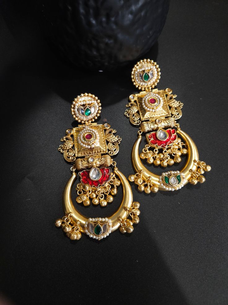 Length around 5 inches Weight 78 gms pair Indian Gemstone Earrings, Fusion Style Jewelry With Matching Earrings, Elegant Dual-tone Metal Earrings, Temple Jewelry Style Drop Plug Earrings, Dual-tone Chandbali Danglers, Traditional Gold Plated Danglers, Fusion Style Metal Drop Earrings Jewelry, Traditional Gold-plated Danglers, Diwali Drop Earrings Danglers