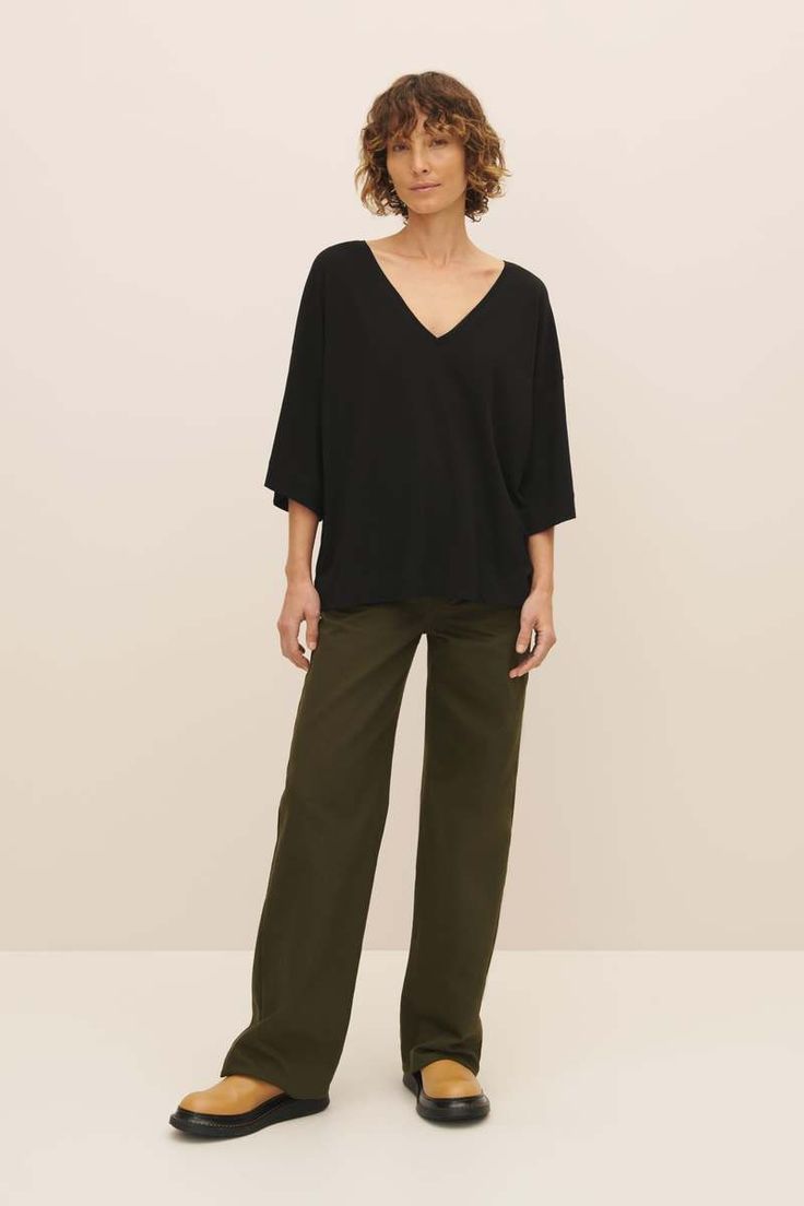 Kowtow Oversized V Neck Top - Black Relaxed Fit Cotton V-neck Top For Loungewear, Cotton Relaxed Fit V-neck Top For Loungewear, Effortless V-neck Blouse For Fall, Effortless Fall V-neck Blouse, Oversized Versatile V-neck Blouse, Versatile Oversized V-neck Blouse, Casual Slouchy V-neck Tops, Cotton V-neck Top For Loungewear, Versatile Cotton V-neck Tops