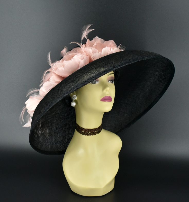 ✿*.Key Features.*✿ This is a gorgeous Audrey Hepburn Style Hat with lovely three feather flowers and two buds. 19.75"(50cm) extra wide brim, the widest stiff brim  hat in my store!  It's very beautiful. Great for Kentucky derby, weddings, church, Easter, Royal Ascot, horse races, cocktails, tea party, or any hat wearing occasion. Hat base size: From front to back: 19.75" (50cm) From left to right: 19.75" (50cm) Wide brim Appr: 7~7.5"" Head girth: 22.5"(57cm), adjustable string inside to make sma Curved Brim Hats With Handmade Flowers For Kentucky Derby, Formal Ostrich Feather Hat For Kentucky Derby, Wide Brim Hats With Handmade Flowers For Royal Ascot, Curved Brim Hats With Handmade Flowers For Races, Handmade Flower Hats With Curved Brim For Kentucky Derby, Short Brim Hats With Handmade Flowers For Kentucky Derby, Hats With Handmade Flowers And Curved Brim For Races, Feathered Curved Brim Hat For Kentucky Derby, Feathered Hat With Curved Brim For Kentucky Derby