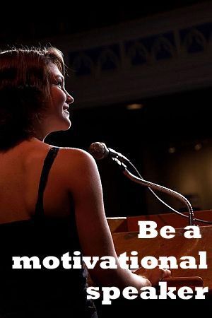 a woman standing in front of a microphone with the words be a motivational speaker