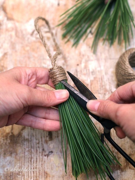 two hands holding scissors and string with pine needles