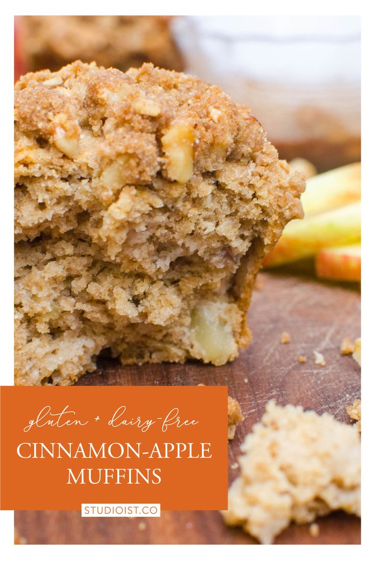 an apple muffin cut in half on a cutting board with the title above it