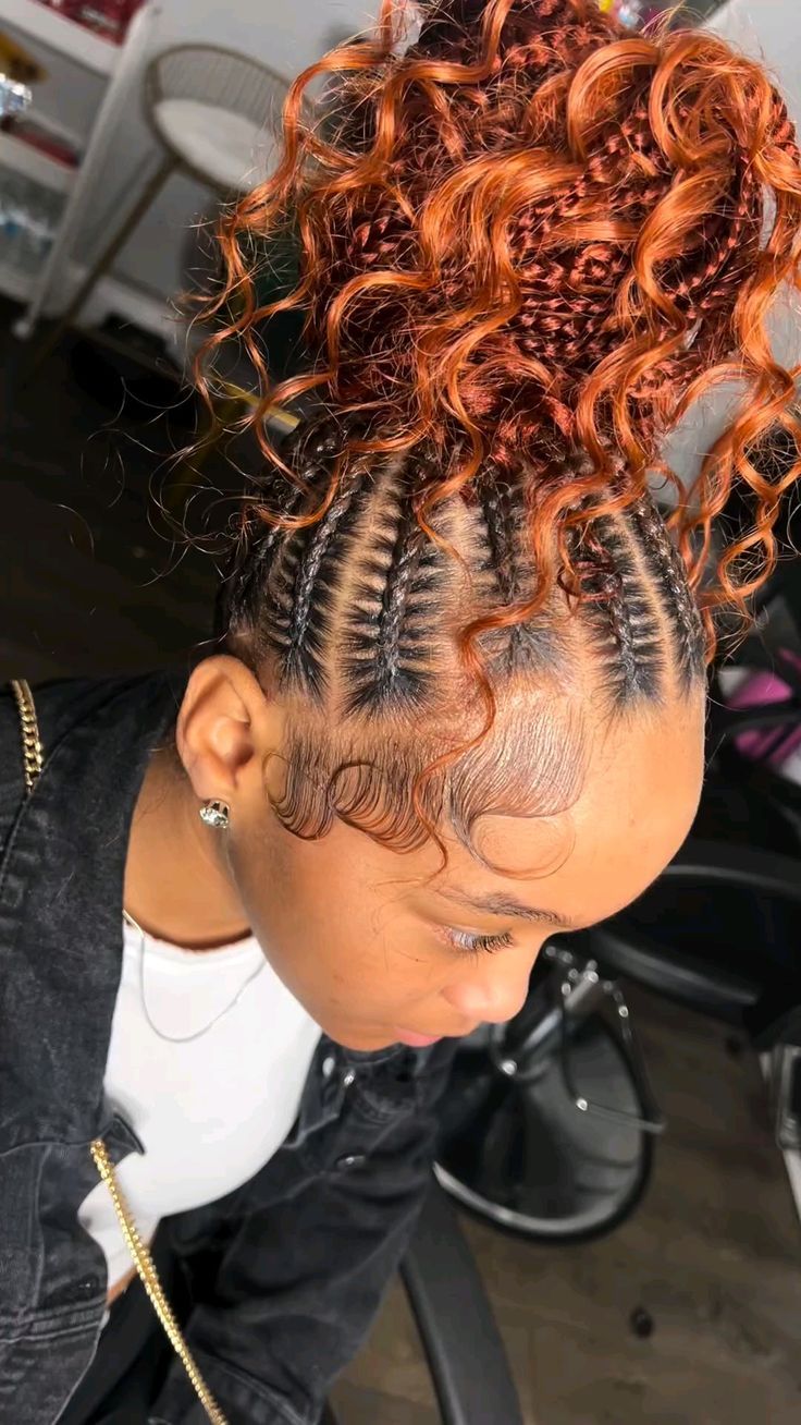 Braids With Feed In Braids, Stitch Updo Braids, Braided Curly Bun For Black Women, Ponytail Braided Hairstyles Black, Boho Cornrow Ponytail, Braided Boho Ponytail For Black Women, Braids For Black Hair Ponytail, Stitch Braids With Curly Ponytail, Braided Buns With Curls