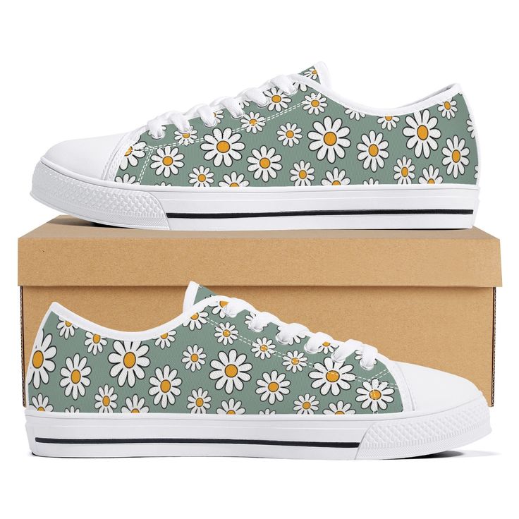 A cute pair of floral sneakers with a daisy print. These custom sneakers are printed canvas with rounded toe and lace-up closure for a snug, comfortable fit. Eyelets are metal for that classic look. The sneakers feature a soft textile lining with lightweight construction for maximum comfort and high-quality outsole for traction and exceptional durability. Please note, these shoes are not a brand name shoe and designs are permanently printed on to the canvas before the shoe is constructed by hand Casual Low-top Floral Print Sneakers, Cute Green Sneakers For Spring, Comfortable Low-top Canvas Shoes For Spring, Green Custom Sneakers For Spring With Round Toe, Spring Green Custom Sneakers With Round Toe, Casual Custom Sneakers With Gum Sole For Spring, Cotton Sneakers With Floral Print For Spring, Spring Canvas Shoes With White Sole, Spring Floral Print Sneakers With Round Toe