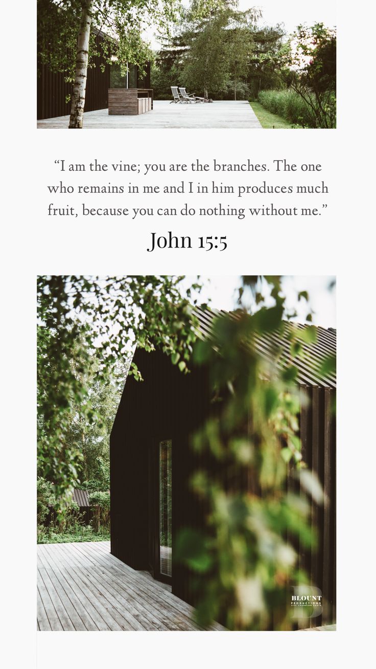 an image of the back side of a house with trees in front of it and text that reads, i am the vine you are the branches