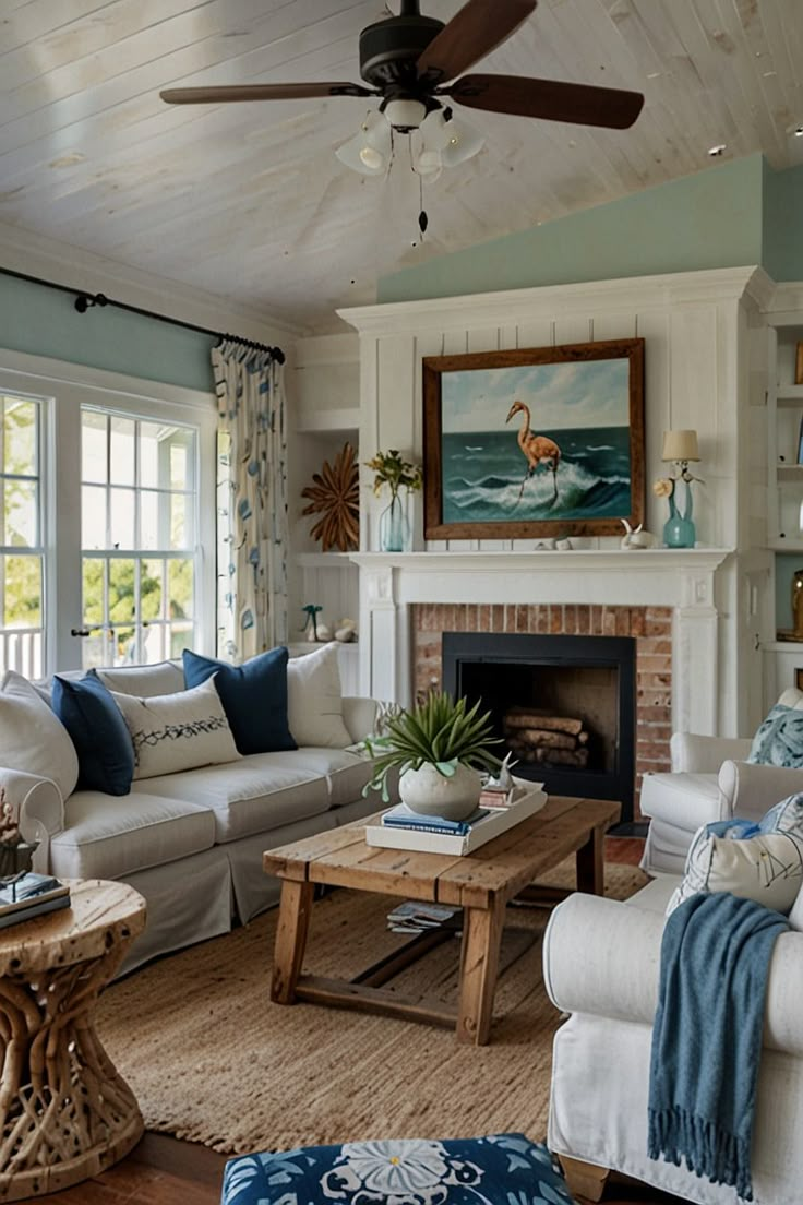 a living room filled with furniture and a fire place under a ceiling fan on top of a hard wood floor