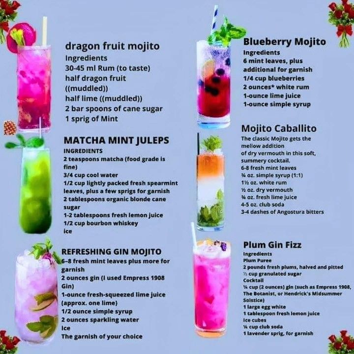 a menu with different types of cocktails on the side and in each one's glasses