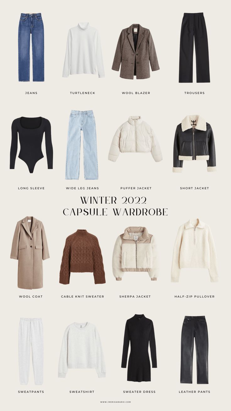 Winter Travel Outfit Capsule, Winter Outfits Capsule Wardrobe 2023, Essential Winter Wardrobe, Essentials For Winter Clothing, Korean Winter Capsule Wardrobe, Basics For Winter Wardrobe, Canada Capsule Wardrobe, Winter Staple Wardrobe, Winter Closet Aesthetic