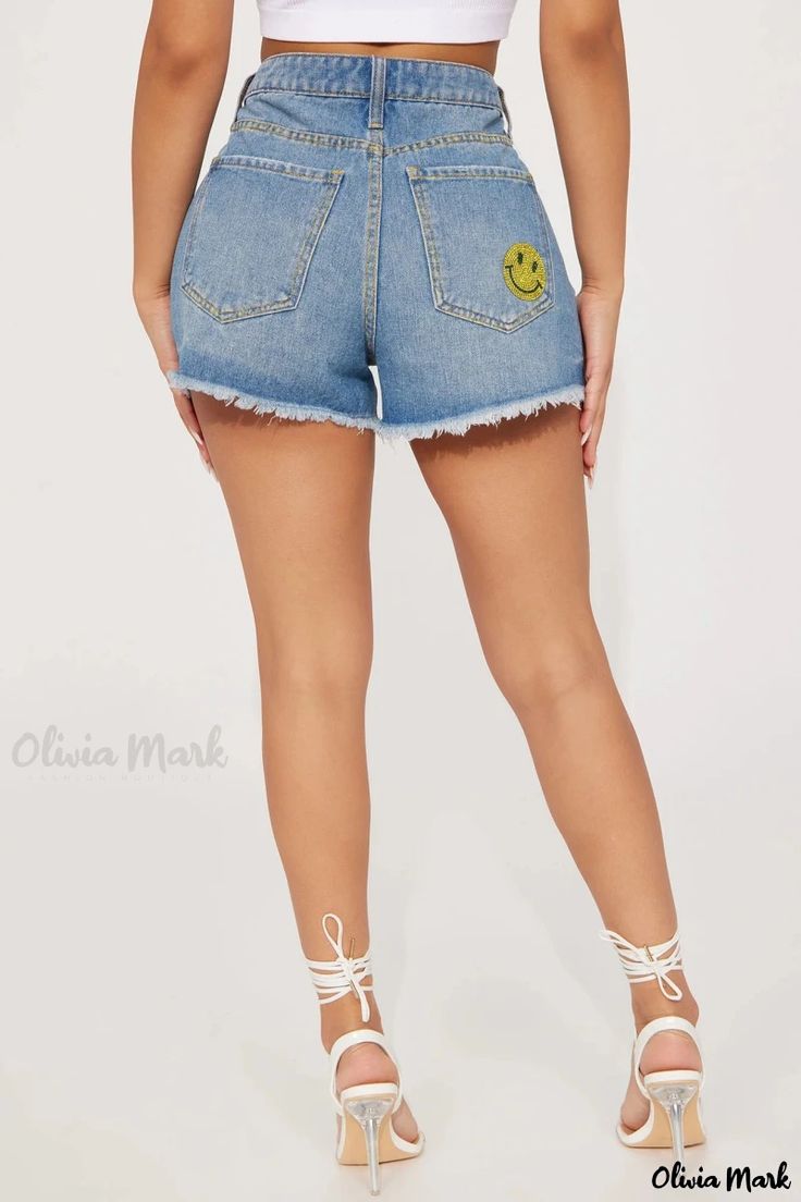 Olivia Mark - Chic Embroidered Distressed High-Rise Denim Shorts Plus Size Denim Shorts, Plus Size Denim, Sweater Jumpsuit, Swimming Outfit, Embellished Denim, High Rise Denim Shorts, Denim Patchwork, Plus Size Shorts, High Waisted Shorts Denim