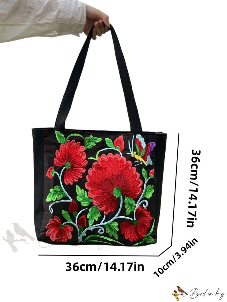 Bird in Bag - Floral Pattern Shoulder Bag with Butterfly Embroidery, Stylish Handbag for Graduate, Teen Girls, Freshman, Sophomore Embroidered Cotton Tote Canvas Bag For Daily Use, Embroidered Cotton Tote For Daily Use, Rectangular Canvas Bag With Floral Embroidery For Gifts, Embroidered Red Tote Bag, Embroidered Canvas Satchel For Daily Use, Embroidered Canvas Satchel For Everyday Use, Embroidered Satchel Canvas Bag For Everyday Use, Everyday Embroidered Handheld Satchel, Red Embroidered Handheld Bag