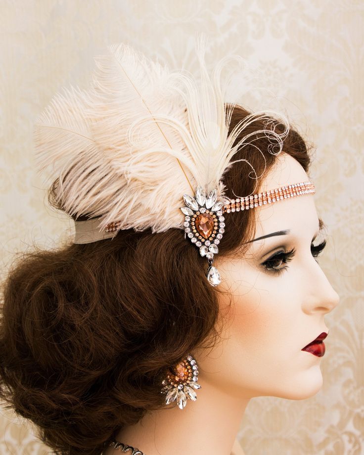 "Great Gatsby Headband, Feather Headband Gatsby Headpiece, Red Rhinestone Headband for New Years Eve, Flapper Accessories This my exclusive retro style headband inspired by Great Gatsby vintage jewelry. Perfect for your 1920's themed party! Rhinestone headband is 16\" long and has blush elastic band in the back. This headband is made with the feather piece on the right side, please let us know on which side you prefer to wear it. Matching earrings are available for purchase. Our accessories are Adjustable Headband For Vintage Events, Gatsby Style Wedding Headband, Vintage Wedding Headband Headpiece, Vintage Adjustable Wedding Headpiece, Vintage Wedding Headband, Adjustable Crown Hair Accessories For Wedding, Adjustable Bridal Headband, Adjustable Vintage Hair Accessories For Wedding, Adjustable Headband For Wedding