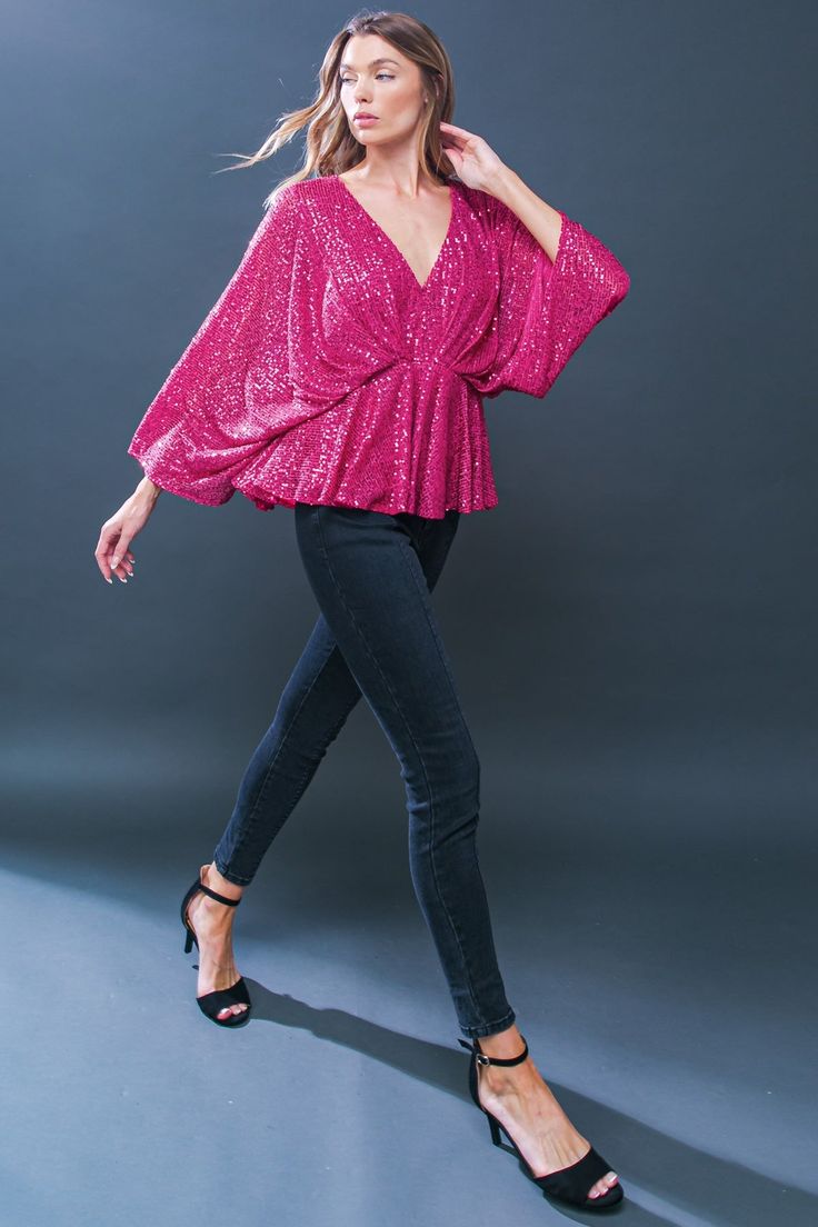 This START OF FOREVER sequin top is a stylish and flattering choice for any occasion. It features a V neckline, kimono sleeves, and a peplum cut for a unique, on-trend look. With its shimmering sequin design, it's sure to make a statement. DetailsSelf : 100% PolyesterLining : 100% Polyester Size & Fit- Model is 5`8" And Wearing Size Small- Measurements Taken From Size Small- Approx. Length: 23" Sequin Design, Kimono Sleeves, Fuchsia Color, Butterfly Shape, Vintage Inspired Design, Kimono Sleeve, Sequin Top, V Neckline, Beautiful Butterflies