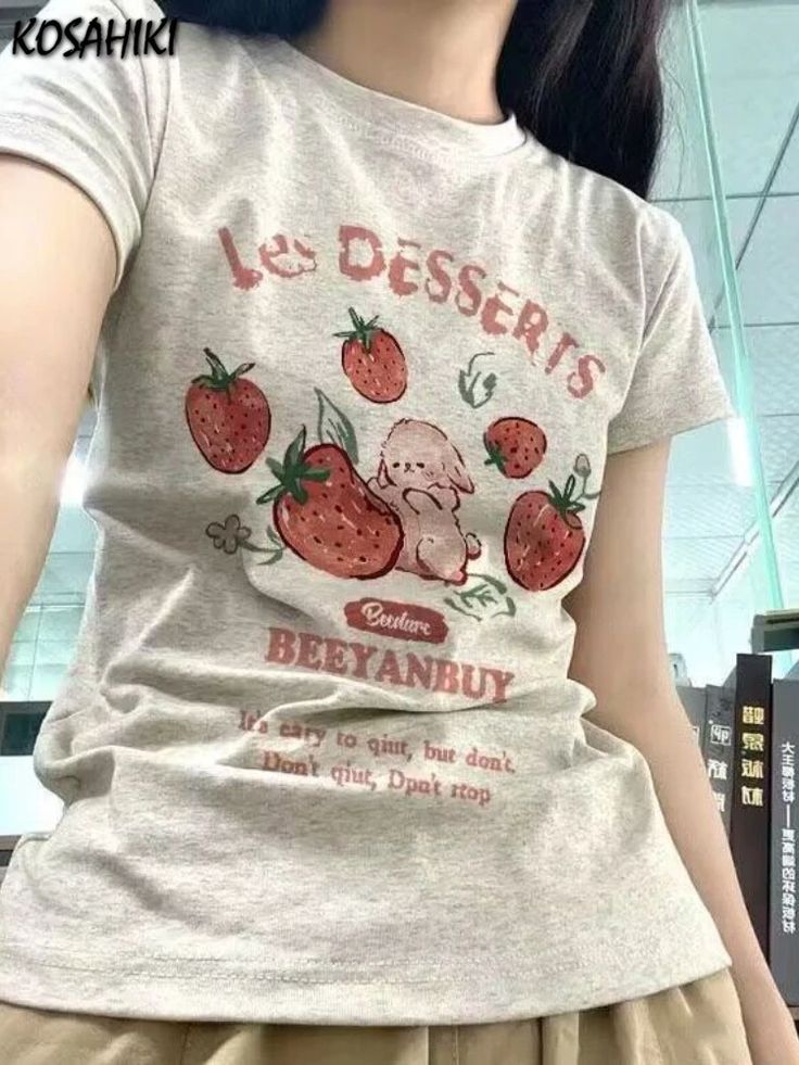 Strawberry Bunny, Cartoon Strawberry, Strawberry Shirt, Bunny T Shirt, Image Swag, Casual Tees, Aesthetic Summer, 가을 패션, Really Cute Outfits