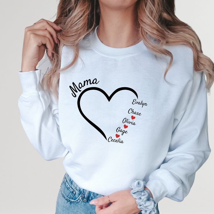 "Upgrade your mom style with our Personalized Mom Sweatshirt! It can be customized with your children's names for a unique touch to celebrate the special bond between mother and child. Whether it's Mother's Day, a birthday or just because, our customizable hoodie will make a thoughtful and heartfelt gift for any mom. With its comfortable fit, soft texture and customizable design, our sweatshirt/hoodie is a must-have in every mother's wardrobe. Treat yourself or surprise a mom friend with this pe Family Matching Letter Print Sweatshirt As Gift, Family Matching Sweatshirt With Letter Print As Gift, Family Matching Sweatshirt With Letter Print, Personalized Cotton Family Sweatshirt, Personalized Cotton Sweatshirt For Family, Custom Text Long Sleeve T-shirt For Mother's Day, Personalized Long Sleeve Sweatshirt, Personalized Casual Long Sleeve Sweatshirt, White Sweatshirt With Name Print For Birthday