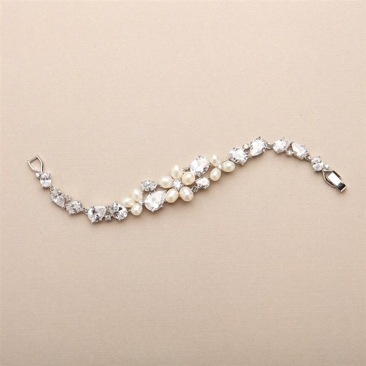 Freshwater Pearl and CZ Statement Bridal Bracelet Wedding Pearl Chain Bracelet, Pearl Chain Bracelet For Wedding, Pearl Drop Bracelet For Wedding, Silver Pearl Bridal Accessories For Bride, White Crystal Pearl Bracelet For Formal Occasions, Wedding Bracelet With Pearl Drop, Formal White Crystal Pearl Bracelet, Classic Pearl Drop Bracelet For Wedding, Classic White Pearl Bracelet For Wedding