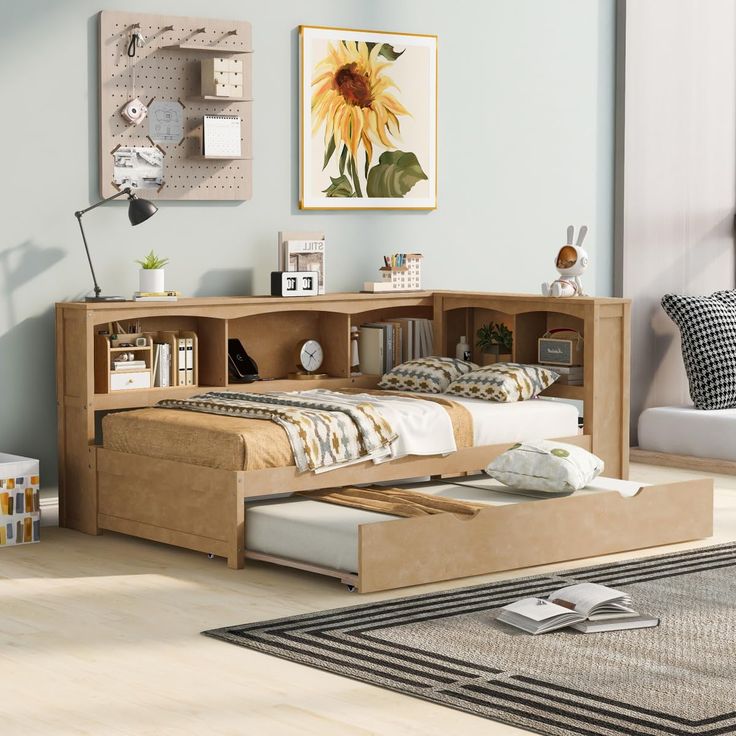 a bedroom with a bed, desk and bookcases