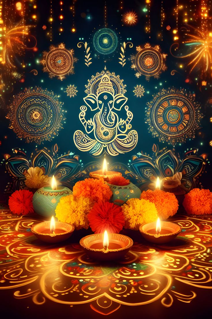 diwali with candles and flowers on the floor in front of an intricately decorated background