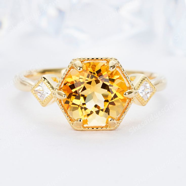 Vintage 2ct Citrine Engagement Ring, 14K Yellow Gold Three Stone Promise Ring, Natural Citrine and Moissanite Wedding Ring, Silver 925 Ring - Etsy Yellow Citrine Ring With Halo Setting, Orange Citrine Topaz Ring, Round Topaz Ring With Yellow Sapphire And Accent Stones, Topaz Ring With Yellow Sapphire And Accent Stones, Yellow Sapphire Topaz Ring With Accent Stones, Yellow Octagon Wedding Ring, Octagonal Topaz Ring For Anniversary, Yellow Sapphire Wedding Diamond Ring With Accent Stones, Yellow Gold Citrine Diamond Ring With Accent Stones