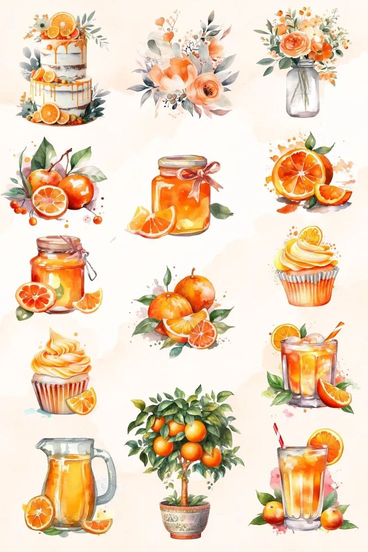 an illustration of oranges and jars with flowers