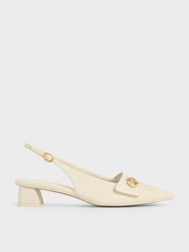 Chalk Metallic-Accent Pointed-Toe Slingback Pumps | CHARLES & KEITH Charles And Keith Heels, Classic Black Handbag, Charles And Keith, Trapeze Bag, Adjustable Bag Strap, Pointed Pumps, Adjustable Bag, Pu Heels, White Pumps