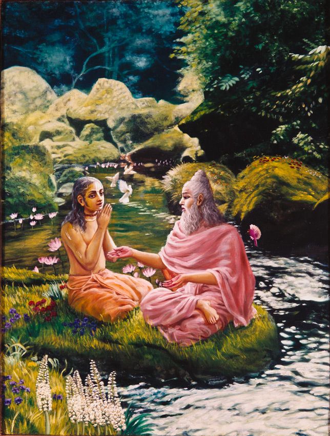 an old man and woman sitting in the grass next to a river with flowers on it