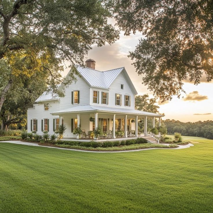 a large white house sitting on top of a lush green field