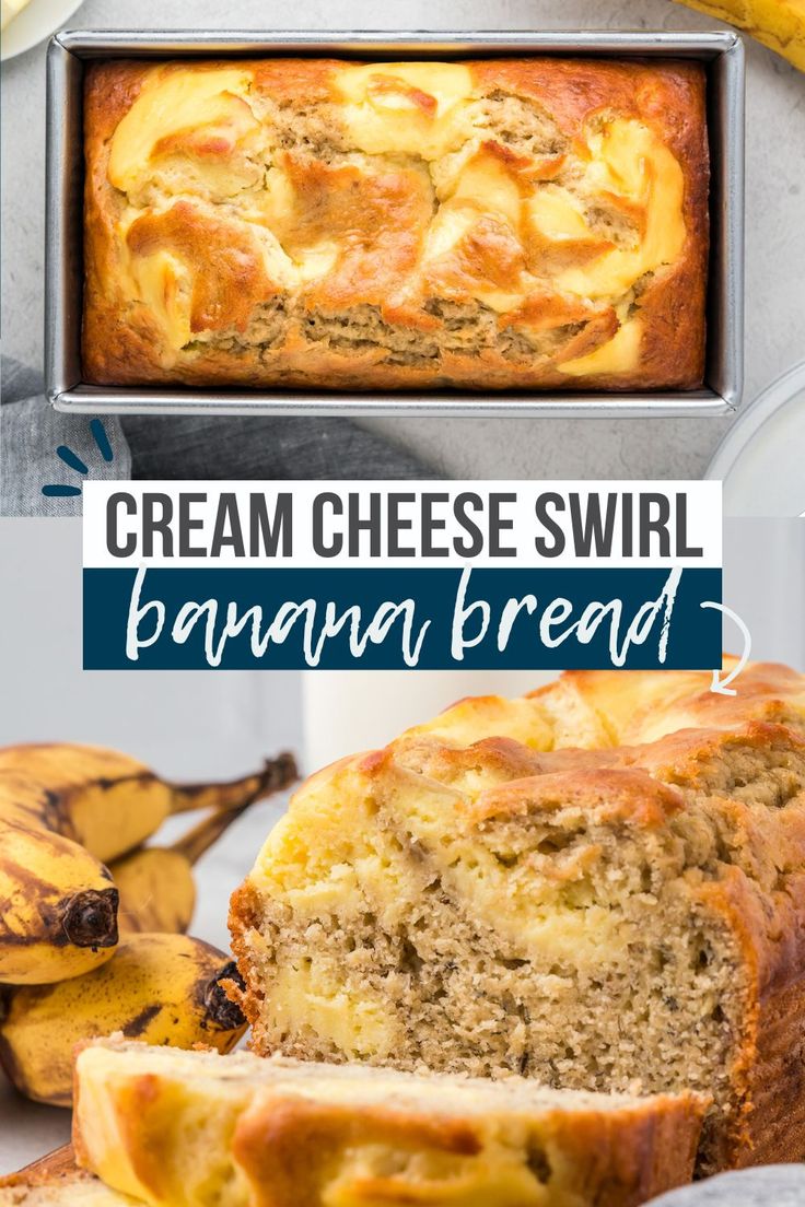 a loaf of cream cheese swirl banana bread is cut into slices and placed next to some bananas