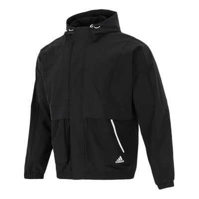 Men's Adidas Loose Logo Casual Woven Windproof Hooded Jacket Autumn Black H40211 (Solid Color) Sporty Waterproof Hooded Track Jacket, Waterproof Sporty Hooded Track Jacket, Waterproof Hooded Sporty Track Jacket, Technical Windbreaker With Adjustable Hood For Sports, Sports Windbreaker With Adjustable Hood, Functional Sports Windbreaker With Adjustable Hood, Techwear Track Jacket With Detachable Hood For Sports, Hooded Nylon Track Jacket For Sports Season, Sporty Hooded Jacket With Fleece Lining For Outdoor