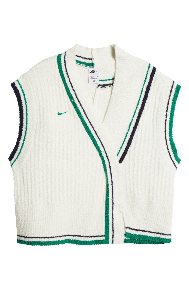 Asymmetric lines, sporty stripes and an oversized fit elevate this softly ribbed sweater-vest finished with an embroidered Swoosh at the chest. 24" length (size Medium) V-neck 95% polyester, 4% nylon, 1% elastane Machine wash, line dry Imported Half Zip Pullover Outfit, Style Sweater Vest, Sporty Clothes, Sportswear Collection, Black Men Street Fashion, Vintage Sportswear, Mens Outfit Inspiration, Looks Street Style, Sweater Collection