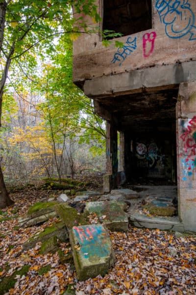 an old run down building with graffiti on the walls and windows, surrounded by fallen leaves