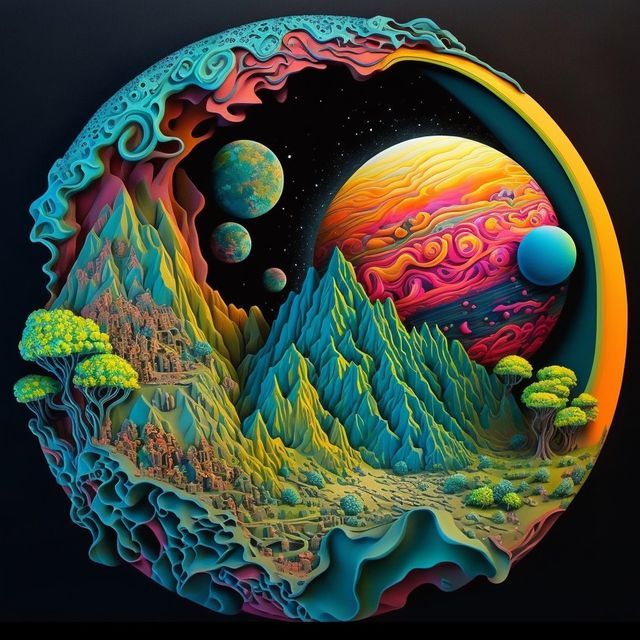 an artistic painting with mountains and planets in the background